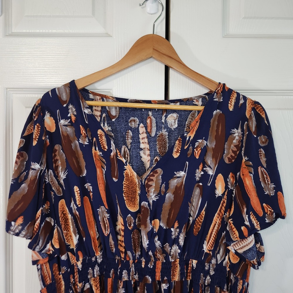 BloomChic Navy Blue Feather Print Smocked Waist V-Neck Midi Dress Size 18-20 - Picture 5 of 10